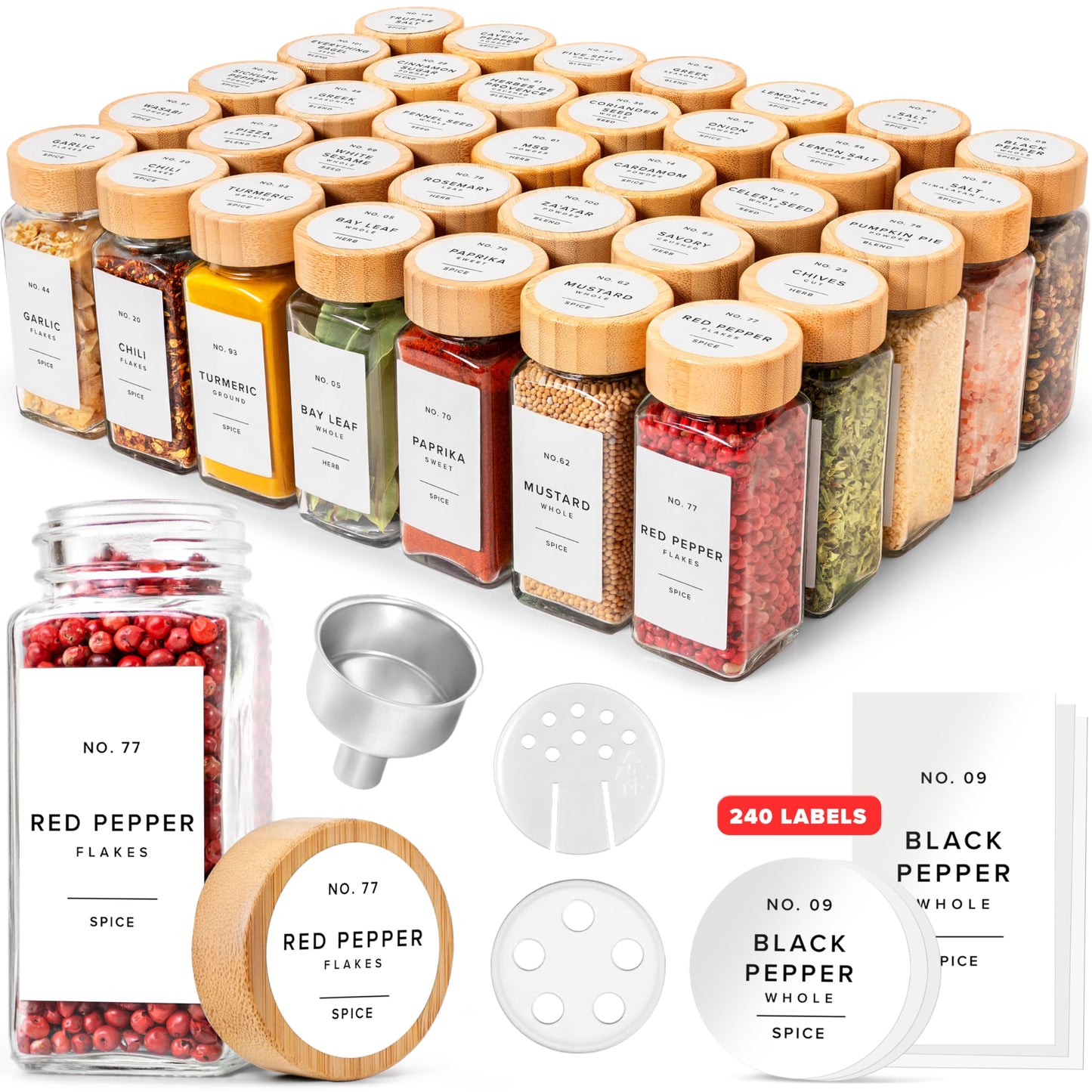 EDELHAUS® Square Spice Jars with Bamboo Wooden Lid (Pack of 36) Spice Jars with Shaker Insert and 240 Labels - Bamboo Lid Glass Container for Spice Organisation [4.3 in × 1.8 in]