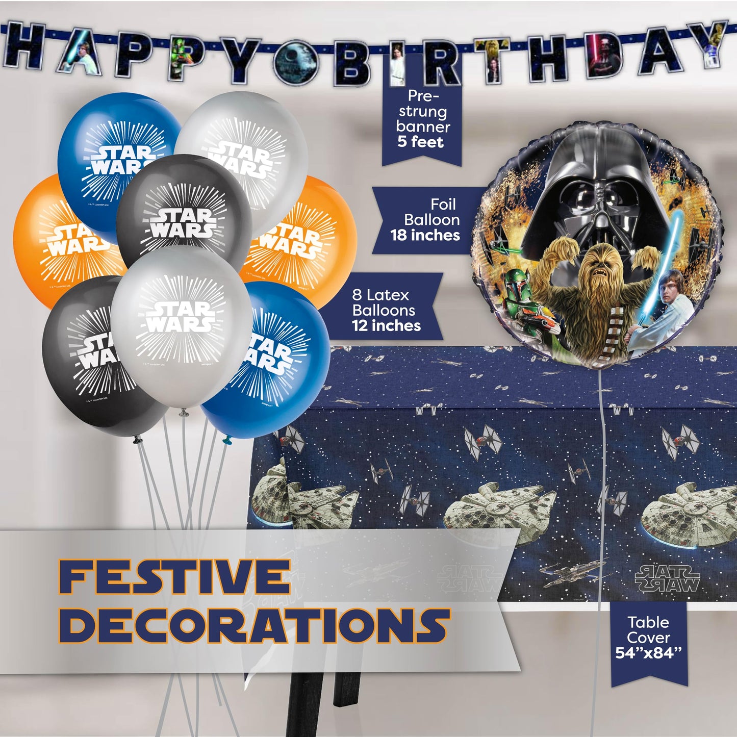 Star Wars Birthday Decorations | Serves 16 Guests | Star Wars Party | Balloons, Banner, Tablecloth, Plates, Napkins, Forks, Button