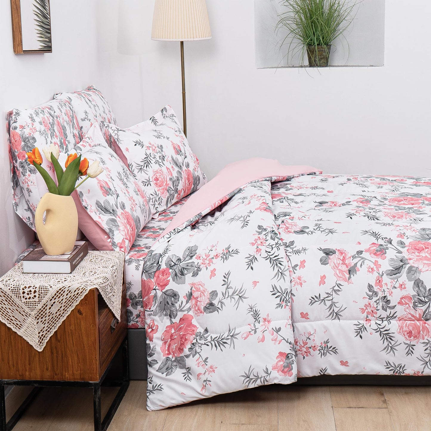 lasoftan Floral Queen Comforter Set with Sheets, 7 piece Luxury Vintage Bedding, Soft Microfiber Bed in a Bag, Cozy Lightweight Bed Set, Pink Flower Grey Leaf