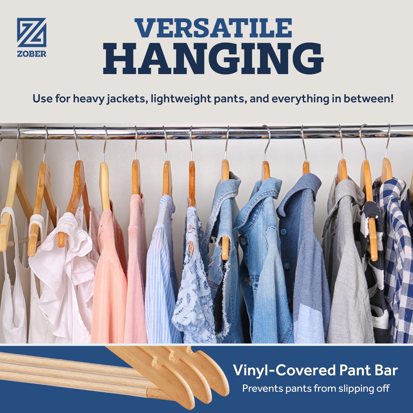 ZOBER High-Grade Wooden Hangers - Heavy Duty, Non Slip Wood Hangers for Coats, Jackets, Suits, & Pants - Clothes Hangers for Closet W/Bar and Notches 20 Pack