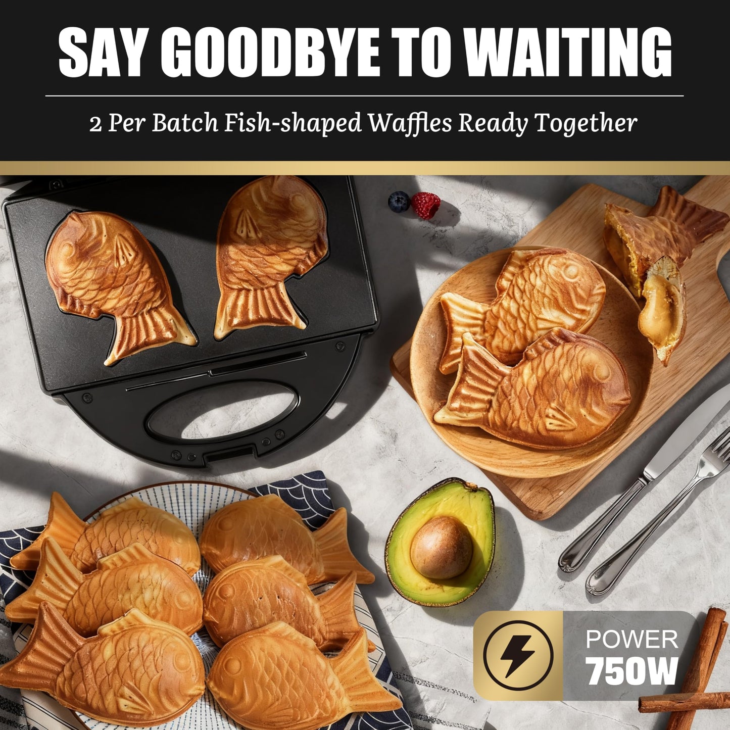 FineMade Taiyaki Fish Waffle Maker Machine with Non Stick Cooking Plate, Electric Japanese Fish Shaped Waffle Iron Pan, Korean Bungeoppang Pan, Recipe Included