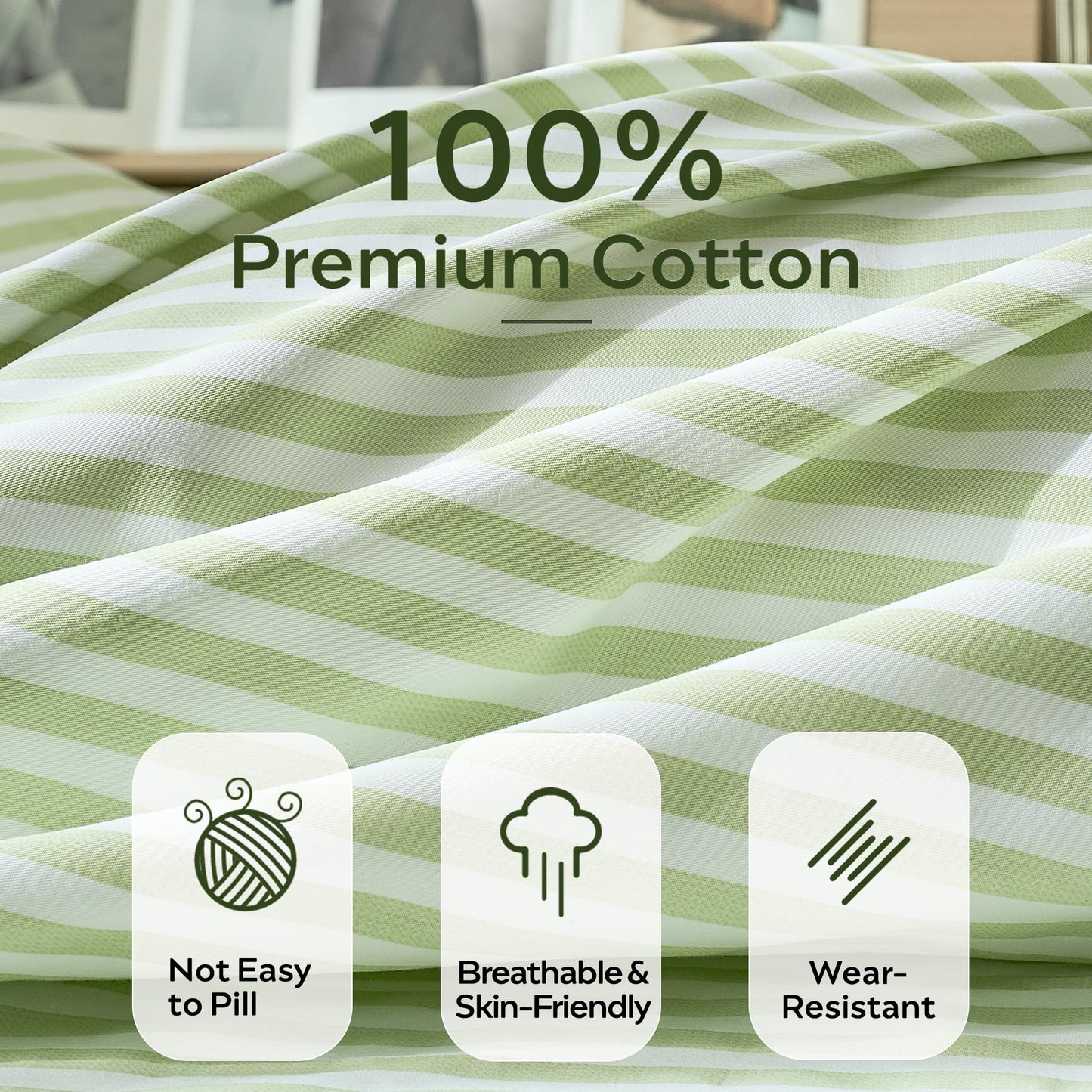 JELLYMONI Striped Duvet Cover Set - Queen Size Comforter Cover, Classic Sage Green & White Stripes, 100% Cotton 3 Pcs Bedding with Zipper Closure & 8 Corner Ties for Master or Guest Bedroom
