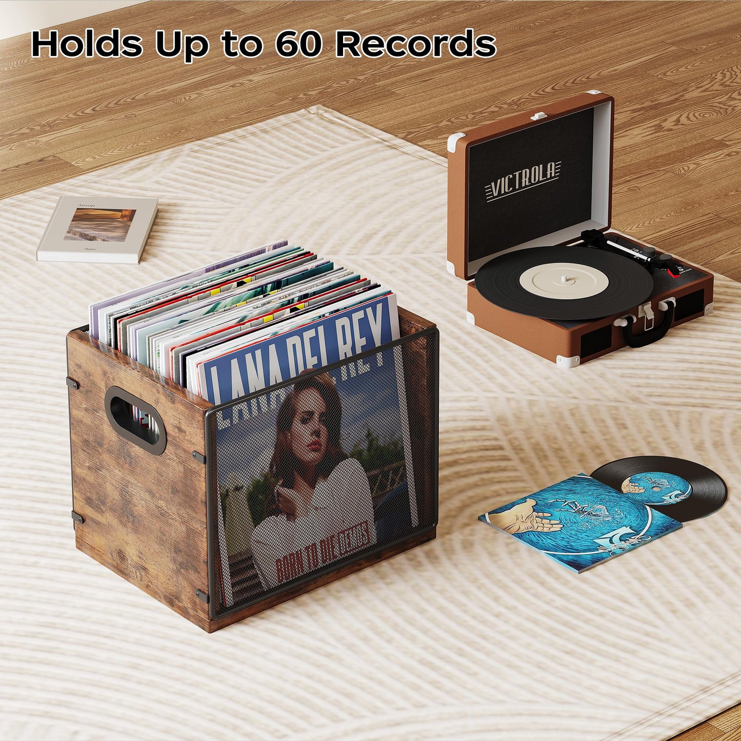 Homeiju Wooden & Metal Record Crate - Vinyl Album Holder & Organizer, Holds Up to 60 Records