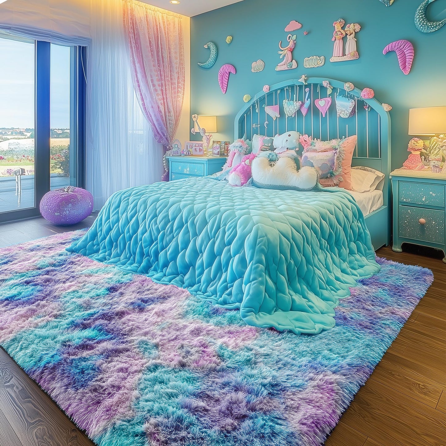 PAGISOFE Soft Purple Rainbow Rugs for Living Room,Fluffy 5x7 Area Rug, Plush Adorable Kawaii Rug for Bedroom Kids Room Baby Nursery,Girls Room Decor Mermaid Rugs Fuzzy Fur Pastel Carpet,Cozy Cloud Rug