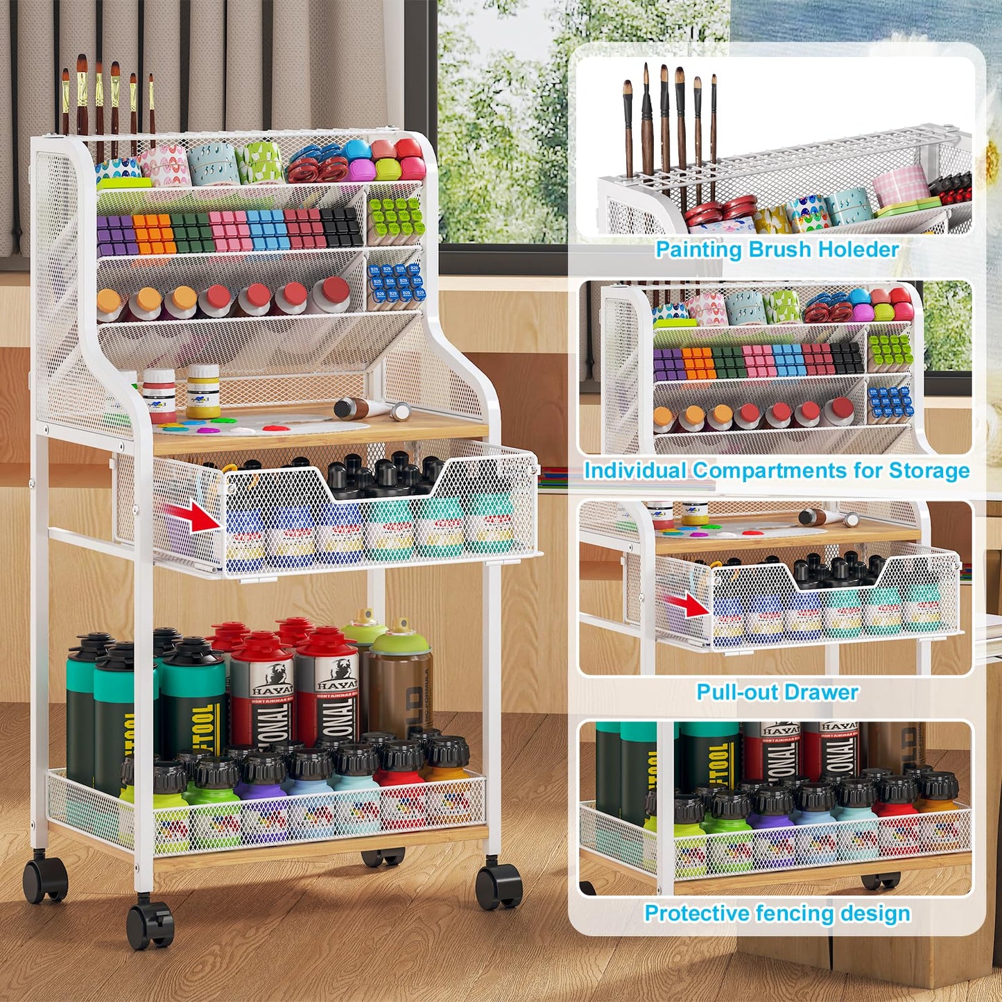 Small Utility Rolling Cart with Drawer, White Craft Organizer and Storage, Metal Craft Cart with Lockable Wheels, 6 Tiers Craft Storage Paint Organizer, Store for Brushes Paints Artifacts Small Parts