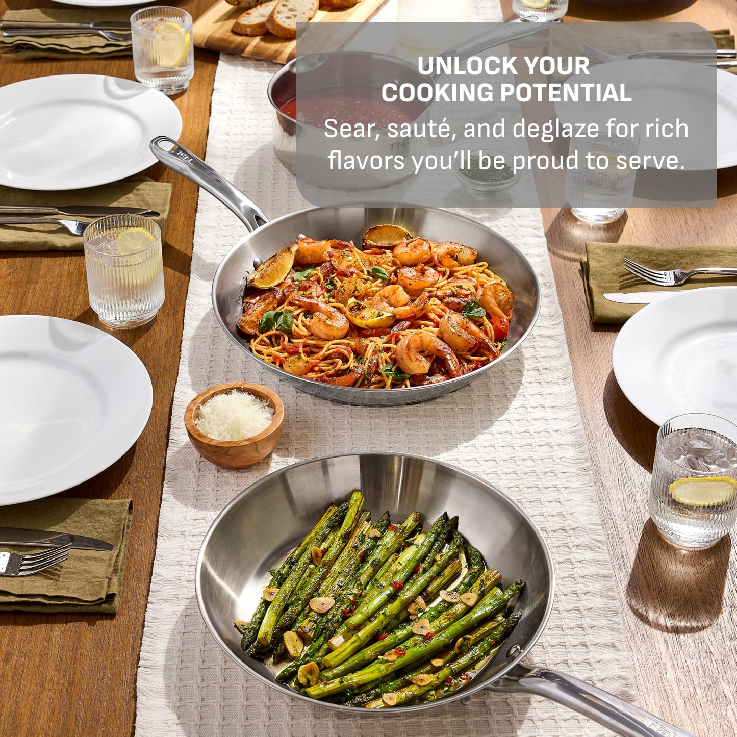 T-Fal Gourmet 11" & 12" Stainless Steel Pan Set, Induction Compatible, Dishwasher Safe, Oven Safe to 500°F, Skillet Set, Frying Pans, Silver