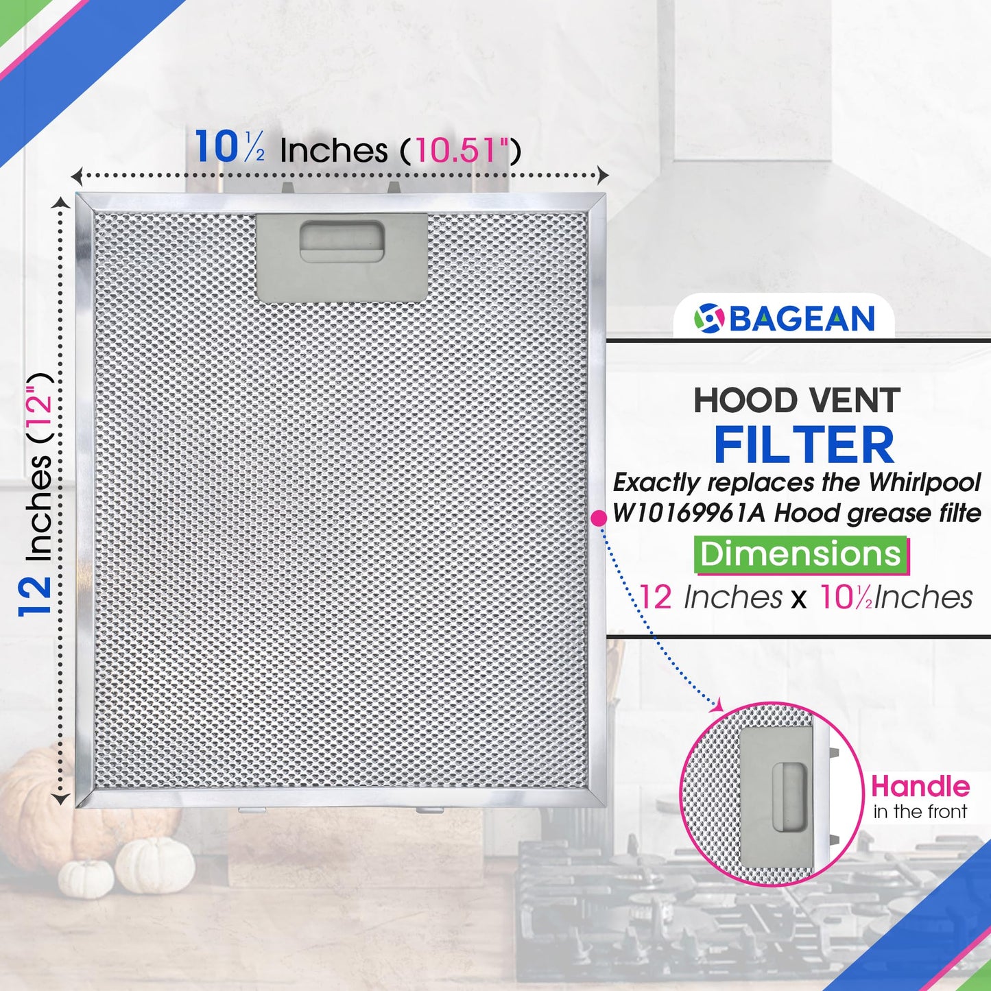 Bagean Range Hood Filter Replacement 12" x 10.5" W10169961A Compatible with Whirlpool Stove Hood Vent Filter - Aluminum Screen for Kitchen Overhead Exhaust Fan Blocks Grease & Filters Oven Air (3-Pk)
