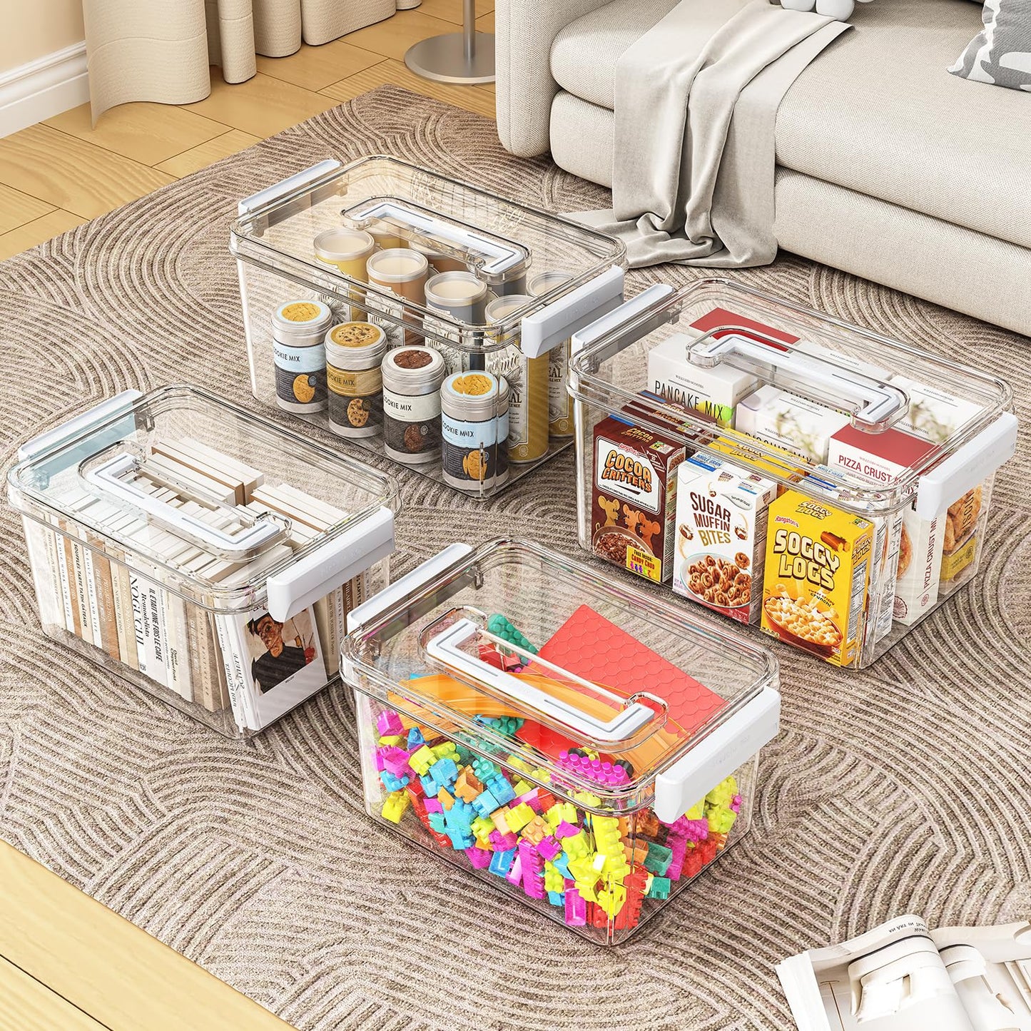 MAGDESIGNER Plastic Storage Bins with Lids Stackable organization and Storage Containers for Organizing Snacks, Crafts, Tools Clear Storage Box with Latching handle(Clear, 2PCS-4.5QT 2PCS-8.5QT)