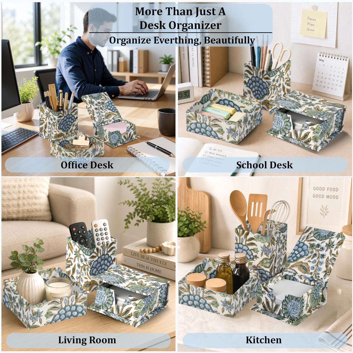 Ridhi Asparagus Green Block Print Handmade Office Desk Organizer Pen and Sticky Note accessories Holder Cute, Aesthetic, Decor workspace Caddy Gift for Office, Teachers, Professionals, Students