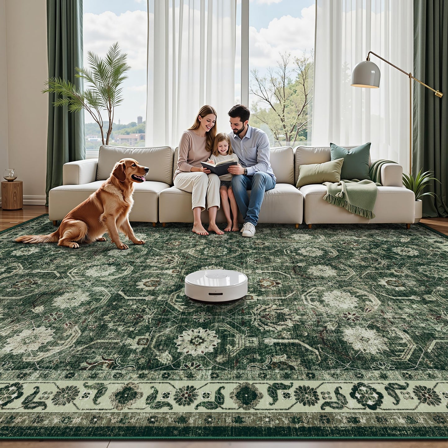 Woodbruy 5x7 Area Rugs, Soft Non Slip Low Pile Washable Rug, Boho Modern Rug for Living Room, Bedroom, Dining Room, Sage Green