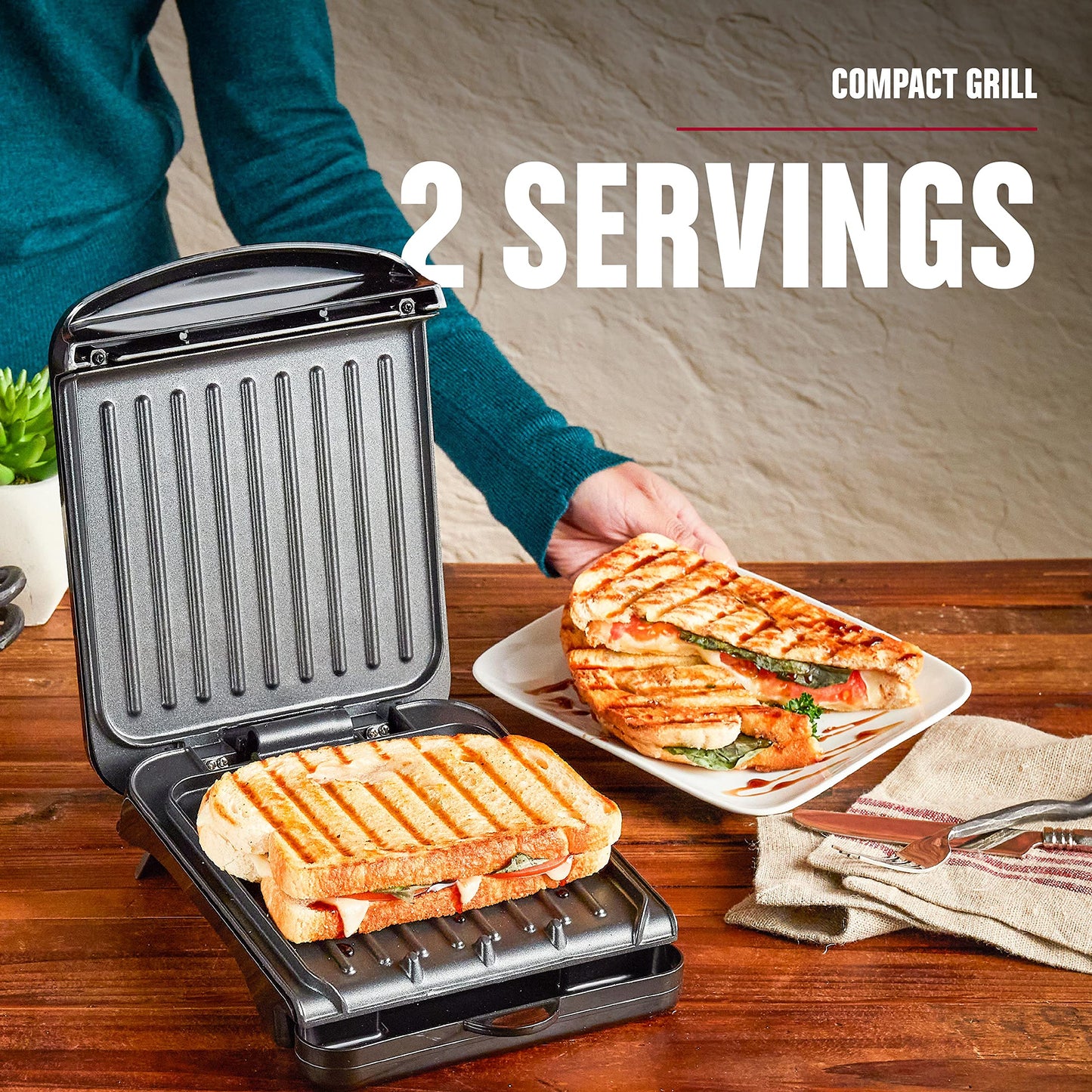George Foreman Compact 2-Serving Electric Indoor Grill and Panini Press for 1–2 People, Classic Plates, Black