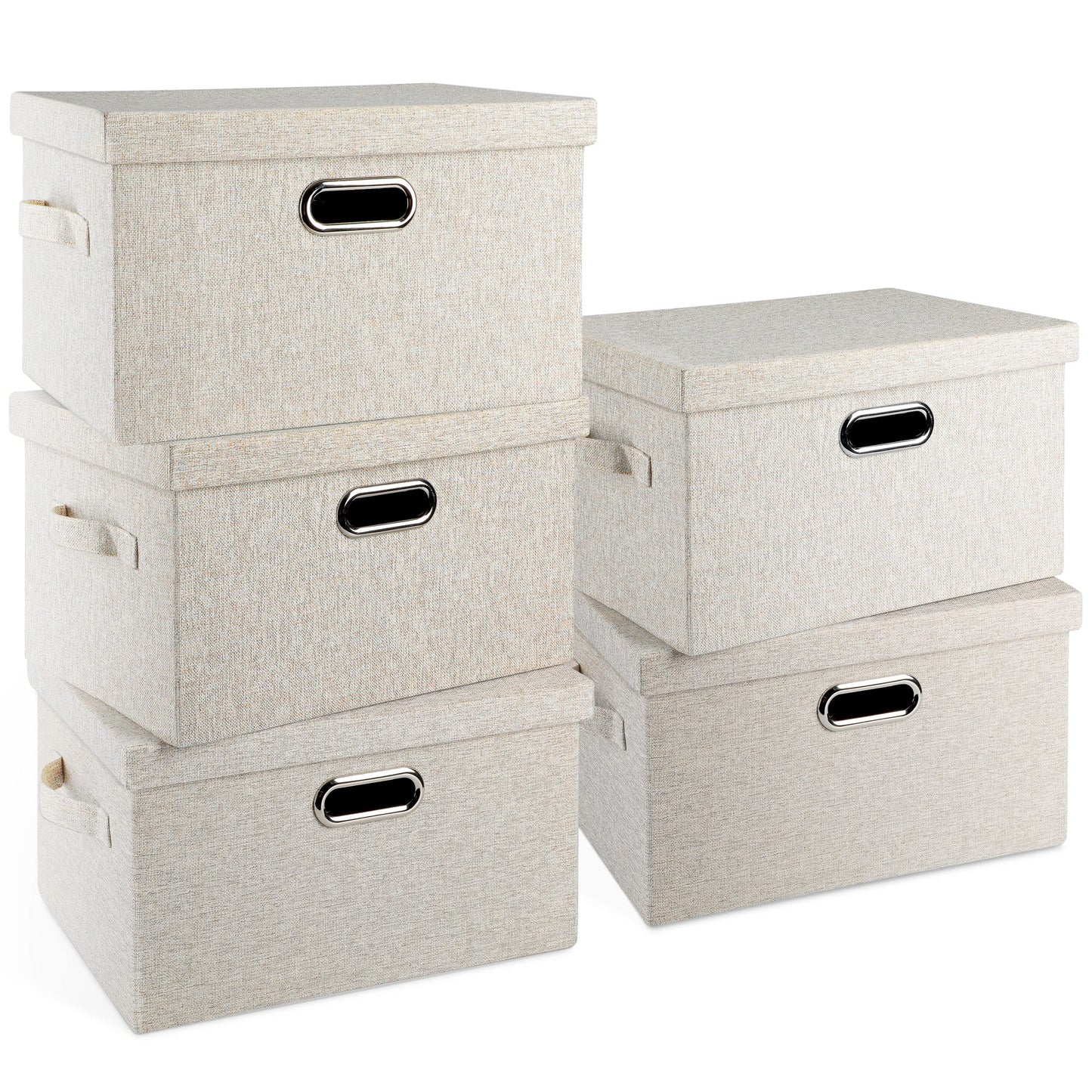 Graciadeco Medium 15" 21 Quart Collapsible Stackable Storage Bins with Lids, 5 Packs Beige Foldable Fabric Closet Boxes Heavy-duty Linen Cube Baskets Container for Bedroom Office (15 x 11 x 8)