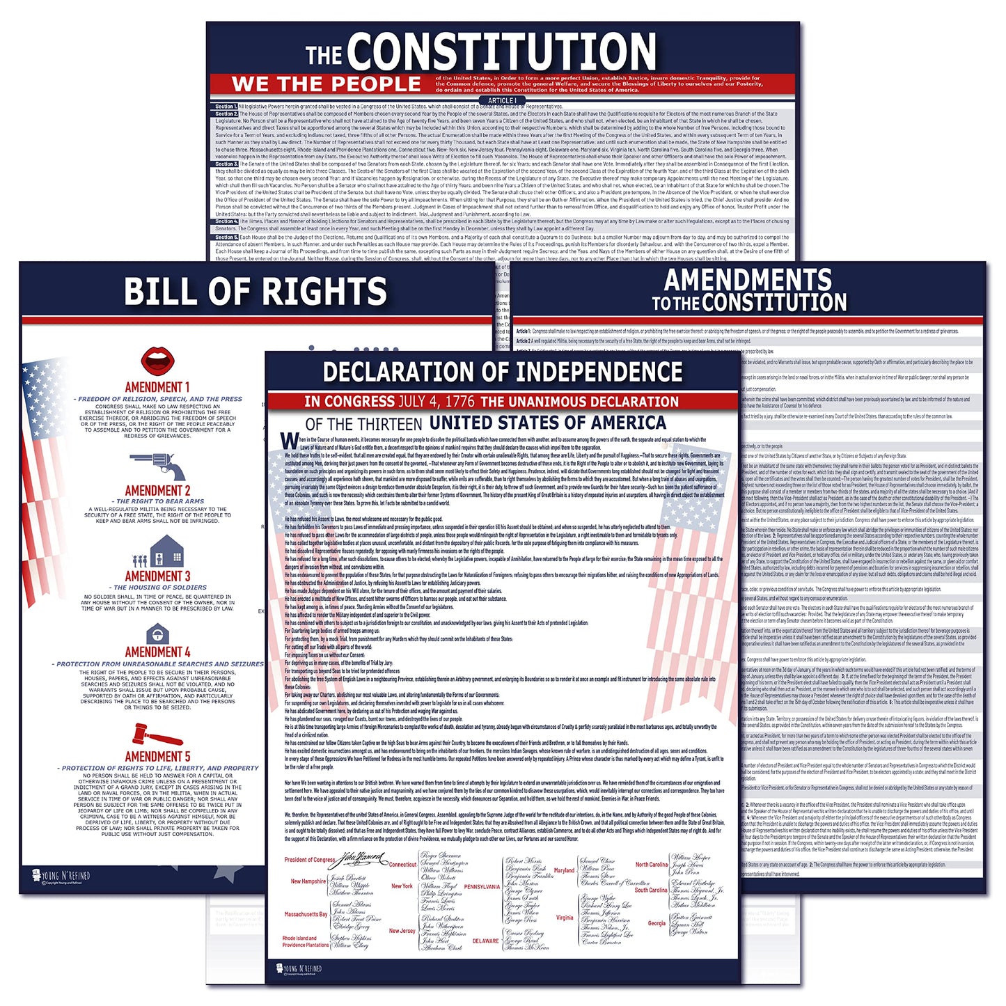 American Founding documents LARGE Laminated 4 Pack: US Constitution, Declaration of Independence, Bill of Rights, Entire Constitution and Amendments NEW 3.0 Now with larger fonts (18x29) Young N Refined