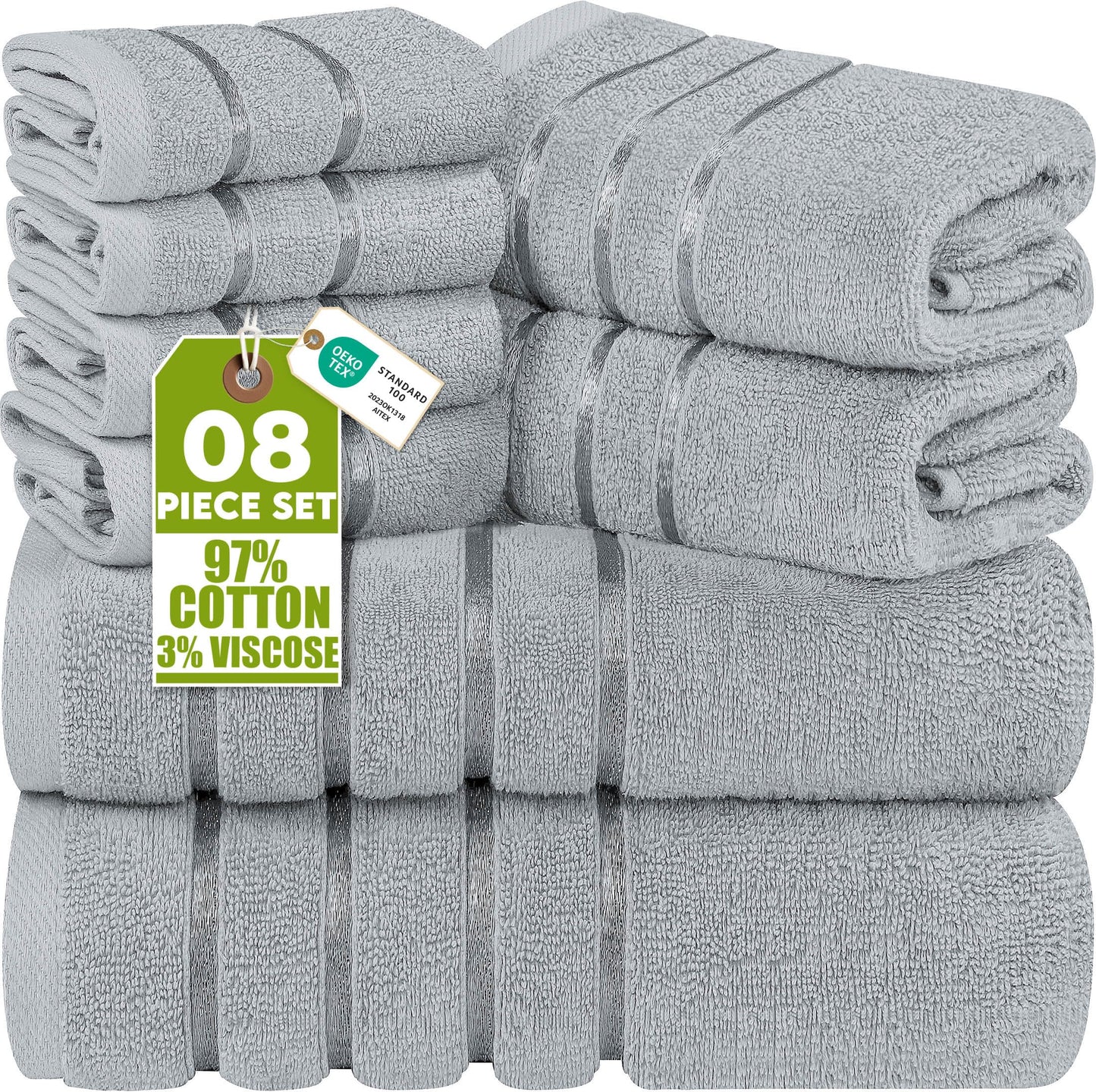 Utopia Towels 8 Piece Luxury Towel Set, 2 Bath, 2 Hand, and 4 Wash Cloths, 600 GSM Ring Spun Cotton, Highly Absorbent Viscose Stripe Towels, Ideal for Everyday use, Cool Grey
