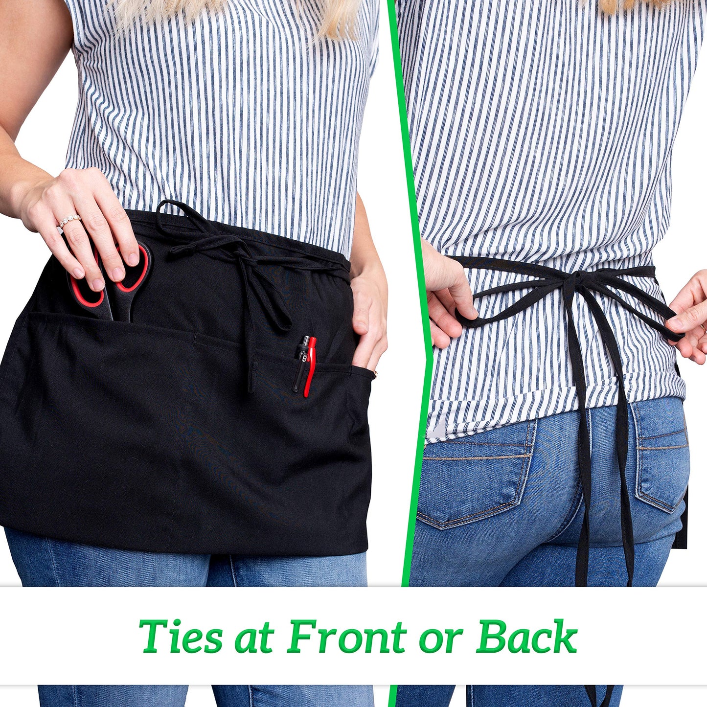 GREEN LIFESTYLE Server Aprons with 3 Pockets - Waist Apron, Waitress Apron for Women and Man, Water Resistant with Long Waist Strap Reinforced Seams, Half Apron (12 Pack - Black)