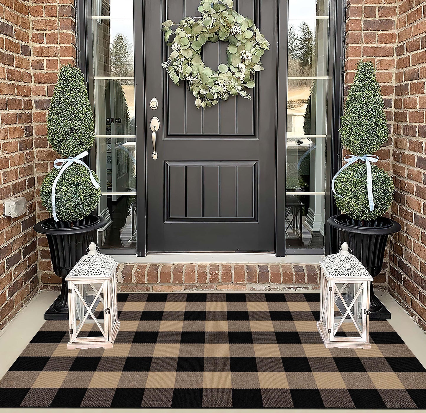 Washable Outdoor Rug 3'x5',Black and Tan Checkered Rug Cotton Woven Washable Farmhouse Front Door Mat Outdoor for Entryway,Patio,Bedroom,Hello Welcome Mat