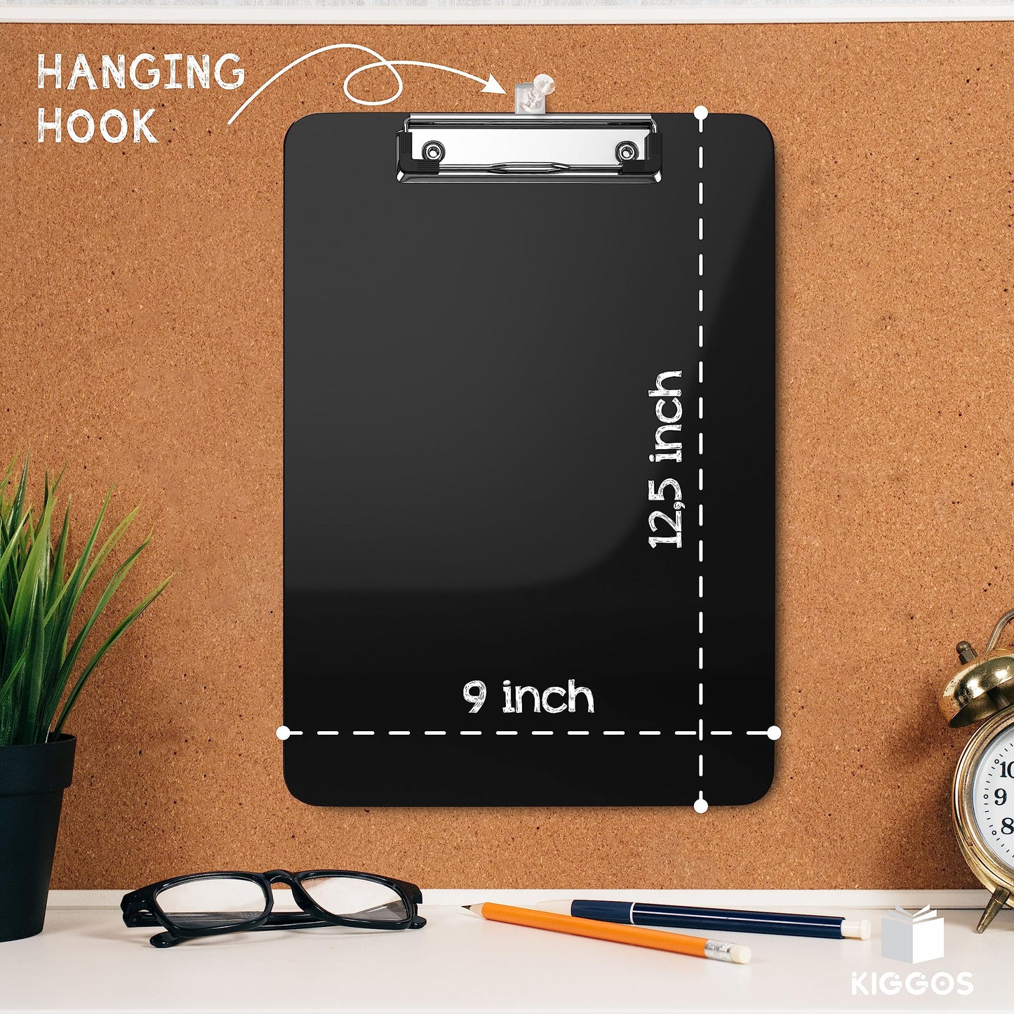 Kiggos 25 Pack Plastic Clipboards Black Clip Boards with Low Profile Metal 12.5 x 9 Inch Letter Size Bulk Class Set Black Acrylic Hanging Hook - Holds 100 Sheets