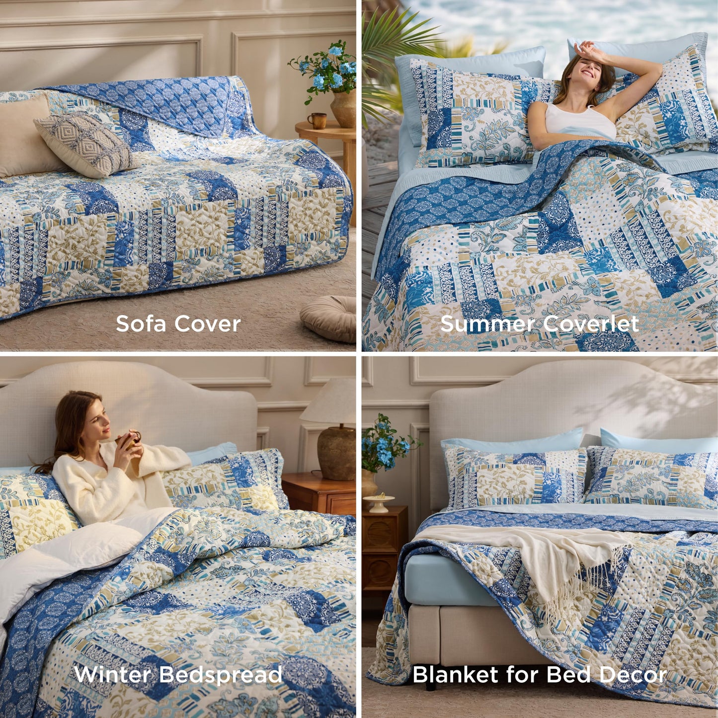 Bedsure Patchwork Quilt Queen Size - Summer Lightweight Boho Comforter Queen Size, Blue and White Bedspread Quilted Bedding, Reversible Soft Microfiber Coverlet for All Seasons (90"x96")