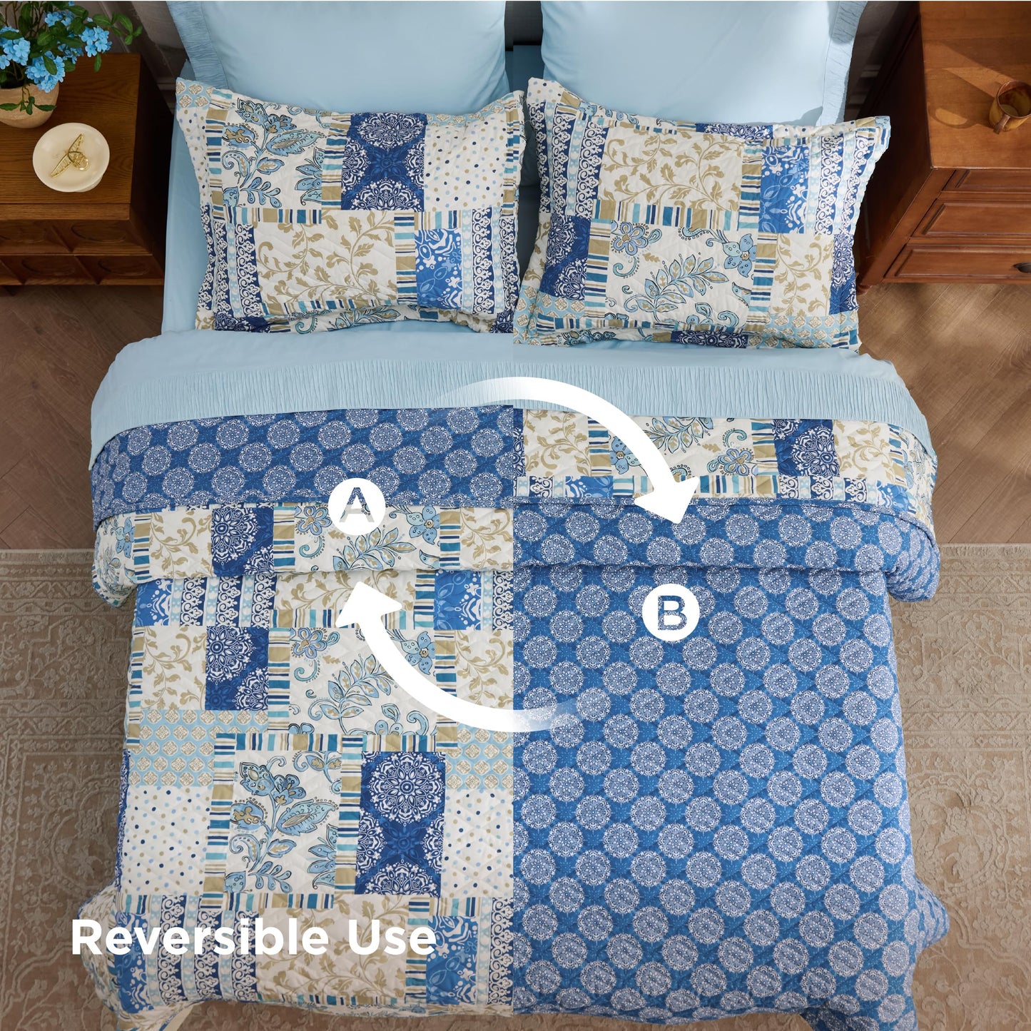 Bedsure Patchwork Quilt Queen Size - Summer Lightweight Boho Comforter Queen Size, Blue and White Bedspread Quilted Bedding, Reversible Soft Microfiber Coverlet for All Seasons (90"x96")