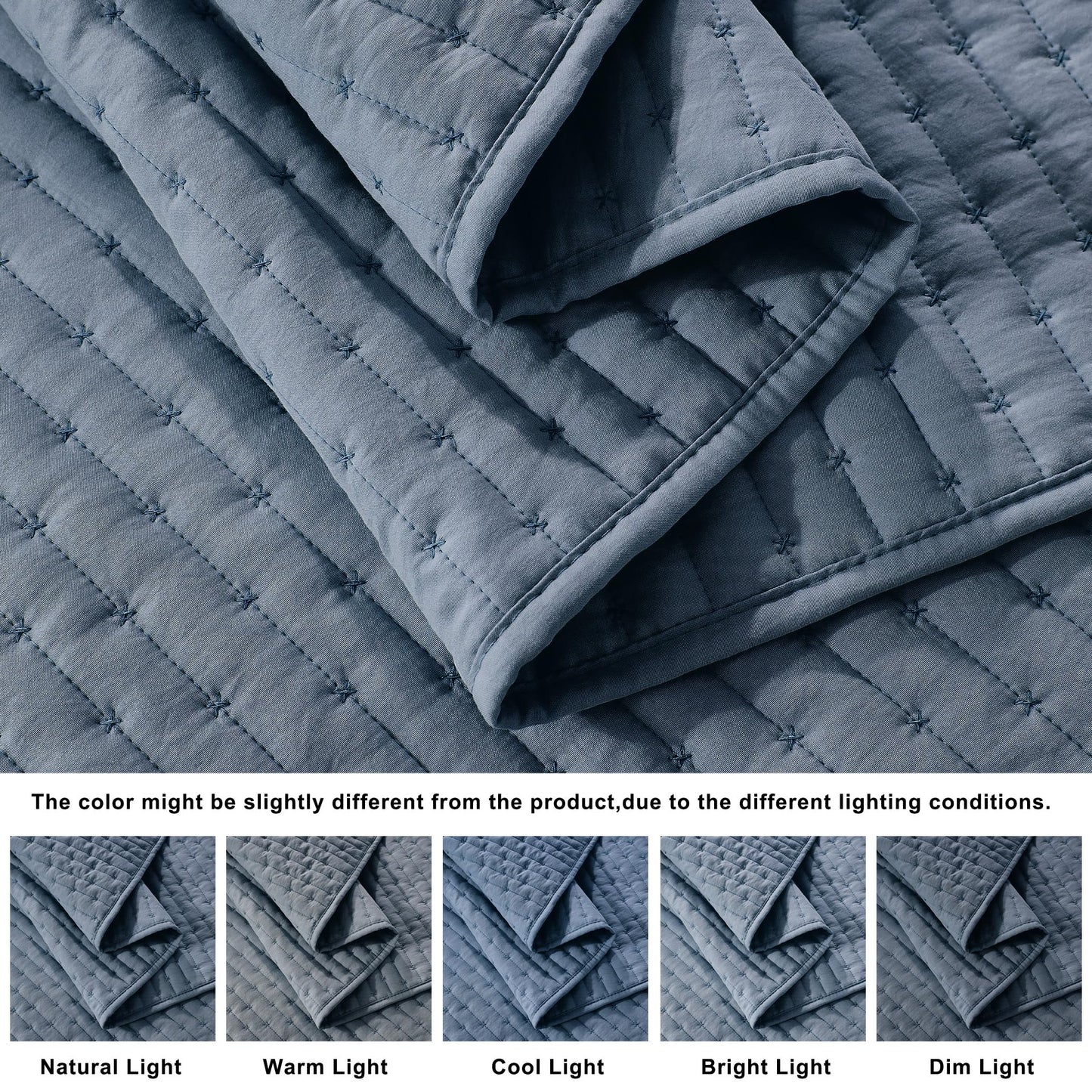 WDCOZY Blue Cross Stitch California Cal King Size Quilt Set, Oversized Striped Lightweight Soft Bedspread, Channel Farmhouse Rustic Coverlet, All Season Country Bedding, Thin Comforter