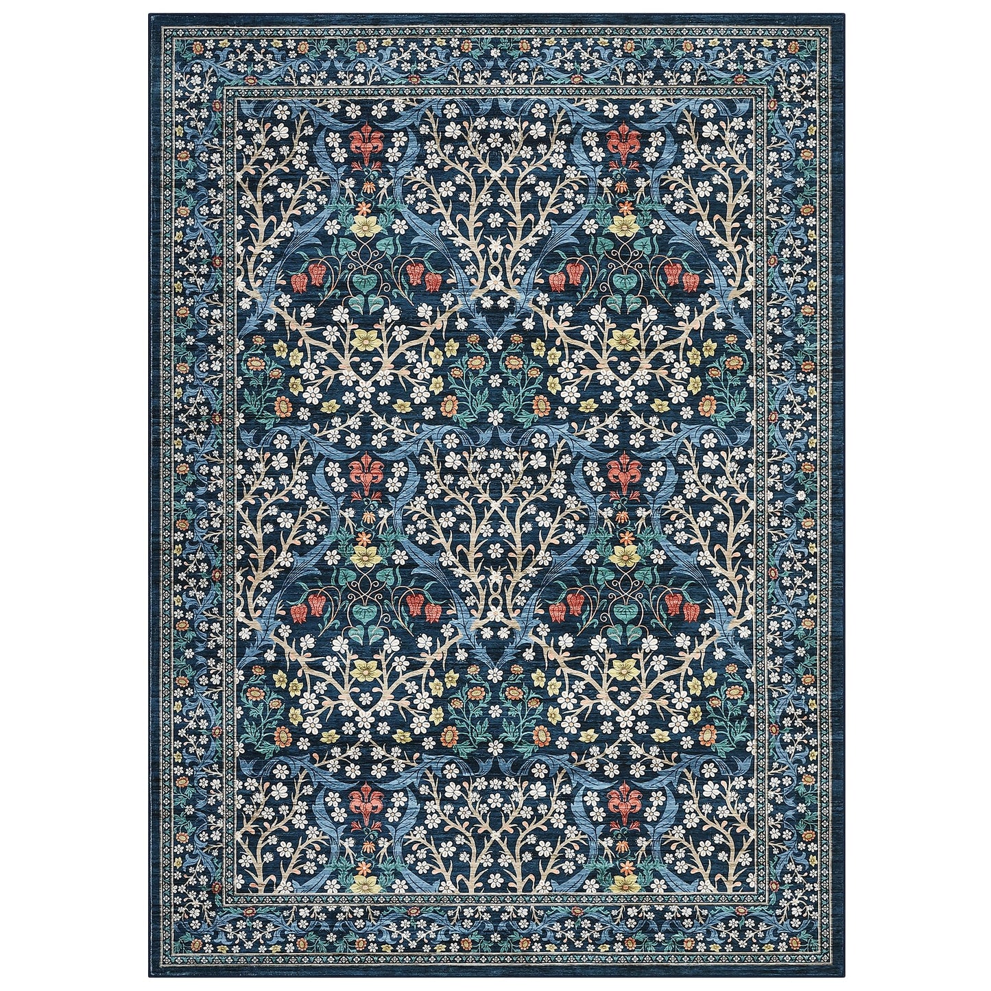 GarveeHome Floral Area Rugs 5x7, Dark Blue Washable Rug for Living Room, Bedroom, Low Pile Non Slip Stain Resistance Indoor Boho Carpet Mat for Farmhouse, Dining Room, Office