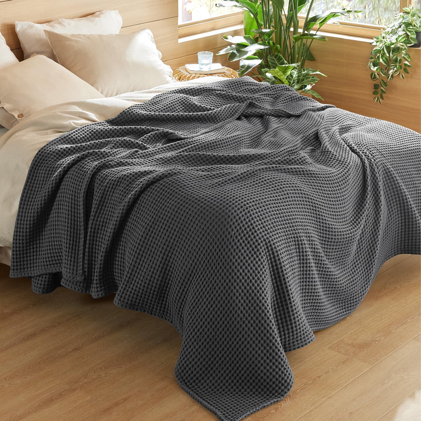 Bedsure 100% Cotton Blanket Queen Size for Spring Summer, Waffle Weave Thin Lightweight Breathable Blanket for Bed, Cotton Bedding Room Decor Gifts for Women, Men, Dark Grey, 90" x 90"