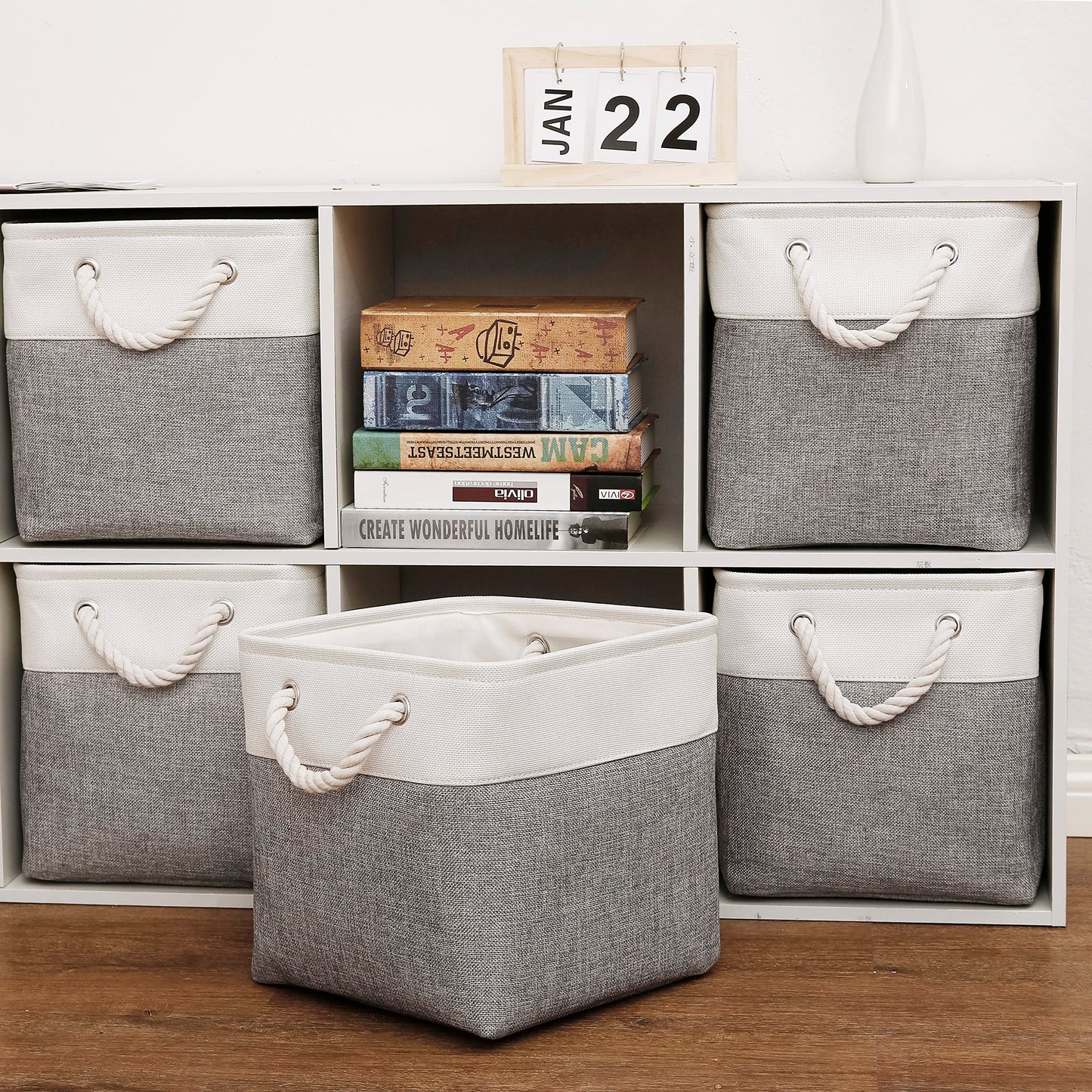 BOFUGA Cube Storage Bins, 6 Pack Collapsible Fabric Storage Cubes, 11 Inch Cube Organizer Bins with Handles (White/Gray)