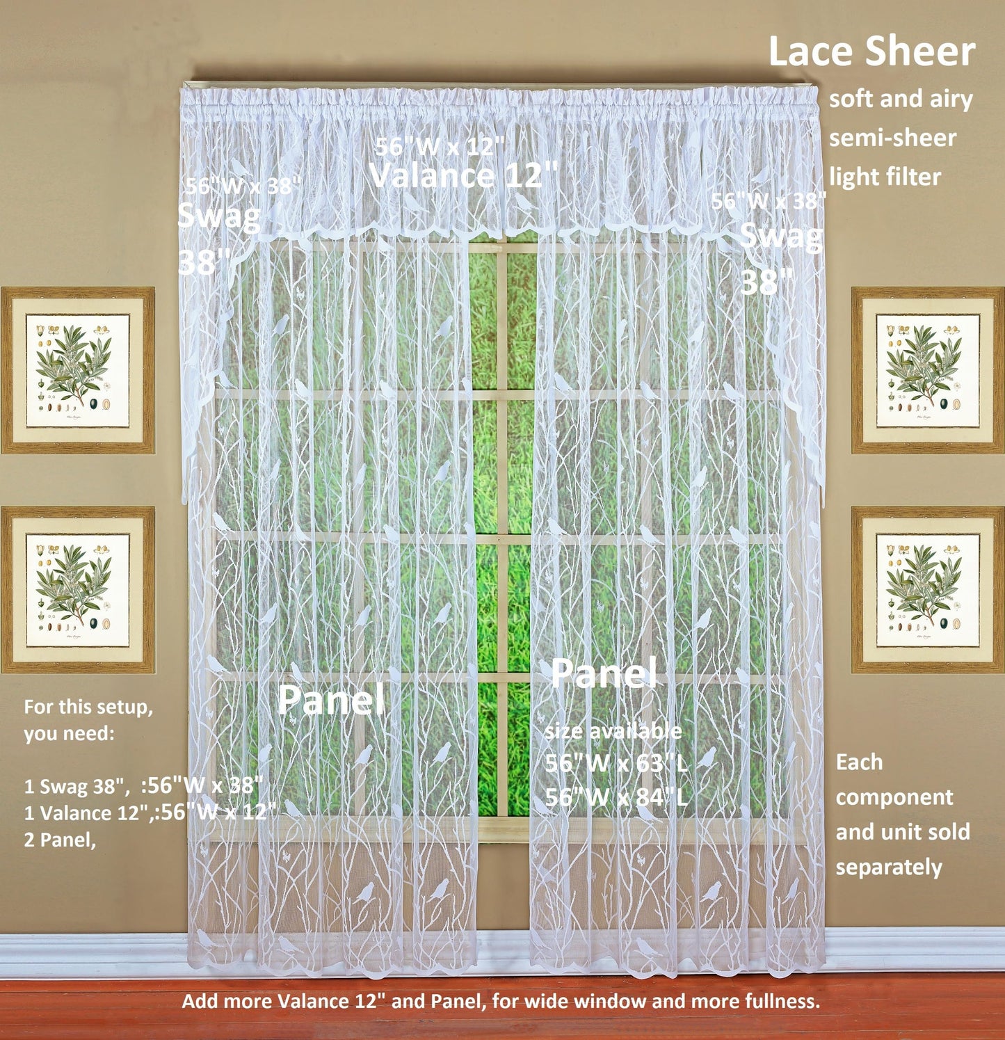 Today's Curtain, Songbird Semi-Sheer Lace Swag 38", White, 56" W x 38" L