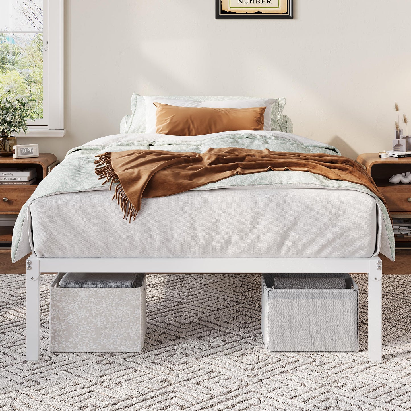 Allewie Twin Bed Frame, 12 Inch Metal Platform Beds with Storage Space, No Box Spring Required and Easy Assembly, White