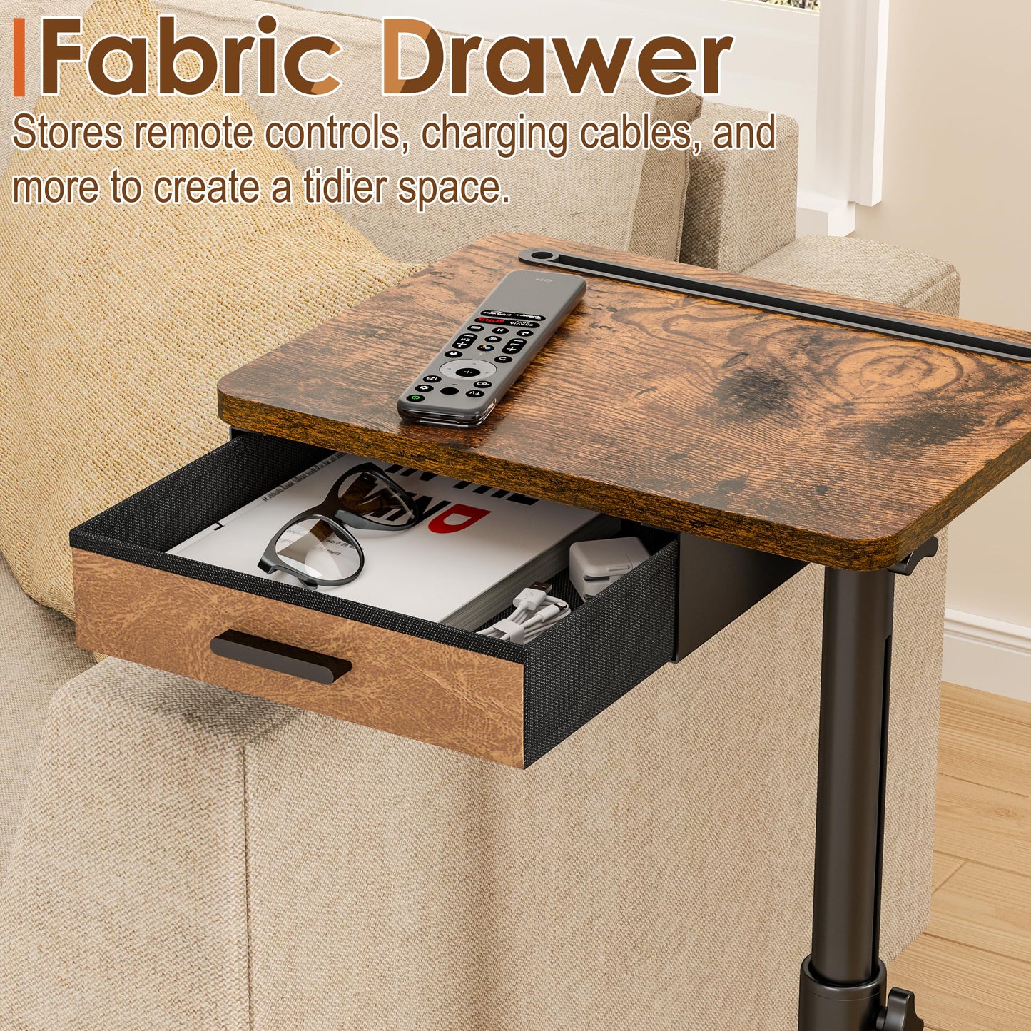 Simple Serenity TV Tray Table with Drawer & Swivel Top, Height Adjustable TV Tray for Eating on Couch, C Shaped End Table for Couch, Sofa Desk Couch Table for Bedroom & Living Room, Patent Pending
