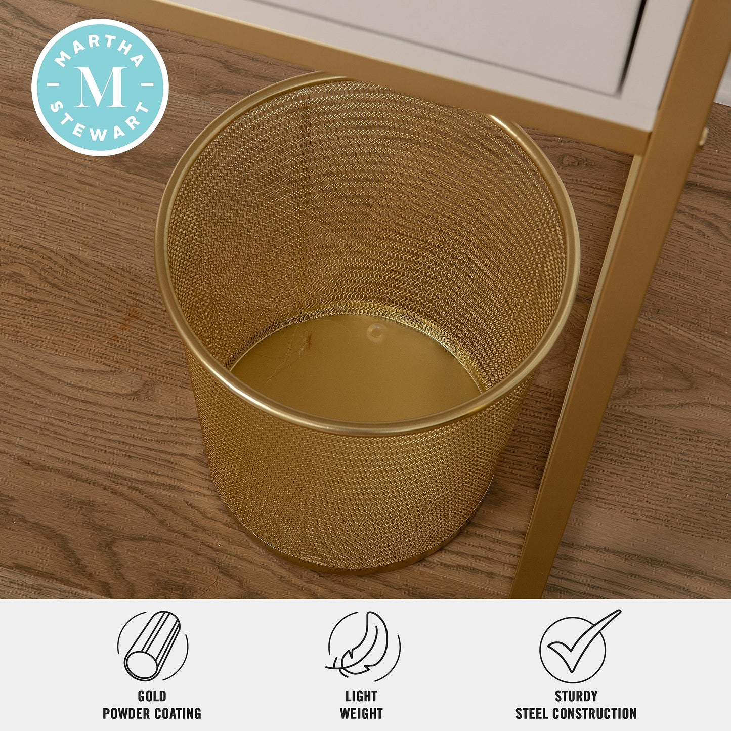 Martha Stewart Ryder Set of 2 Gold Mesh Metal Trash Cans, 4.5 Gallon Wastebaskets for Office