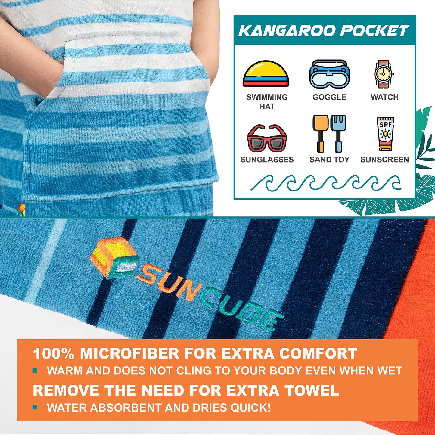 SUN CUBE Kids Changing Robe Surf Poncho, Kids Beach Towels, Hooded Towel for Teens Bath Pool, Microfiber Quick Dry Wearable Towel Poncho with Hood, Swim Towel for Girls 8-12 Years, Orange Stripe