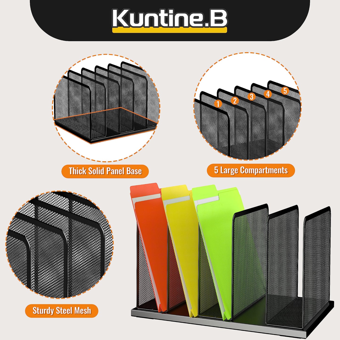 Kuntine.B Desk File Organizer Upright Mesh Desktop Organizer File Sorter Office Organization File Holder for Home, Office & Classroom (Black, 2 Pack 5-Section)