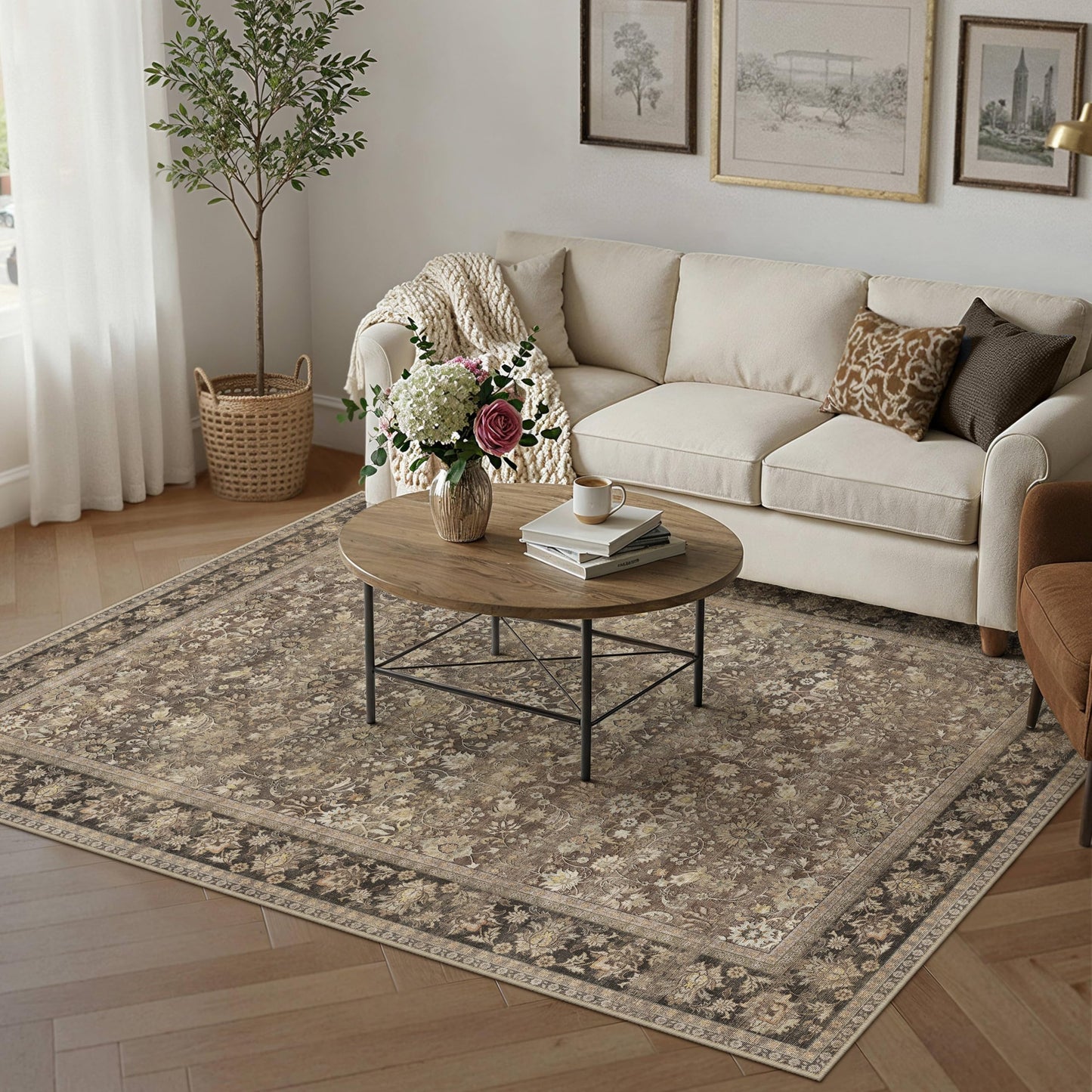 HUGEAR 5x7 Machine Washable Rugs Brown Hallway Area Rug Indoor Accent Rug Floral Low Pile Carpet Soft Throw Aesthetic Rug Bedroom Living Room Office Dining Room Kitchen Laundry Room Non Slip