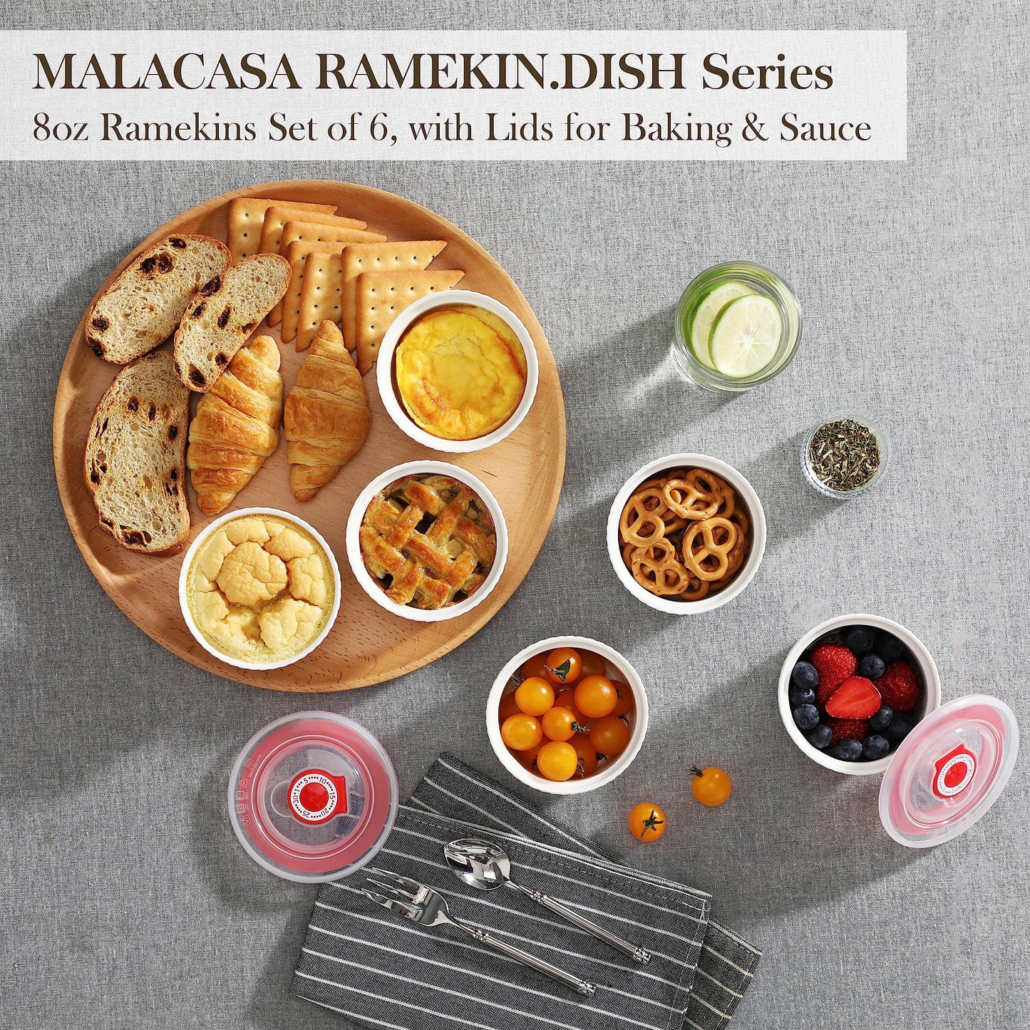 MALACASA Ramekins with Lids 8 oz - Set of 6, White Porcelain Creme Brulee Souffle Ramekins with Covers, Ceramic Custard Cups for Baking, Dishwasher and Oven Safe, Series RAMEKIN-DISH